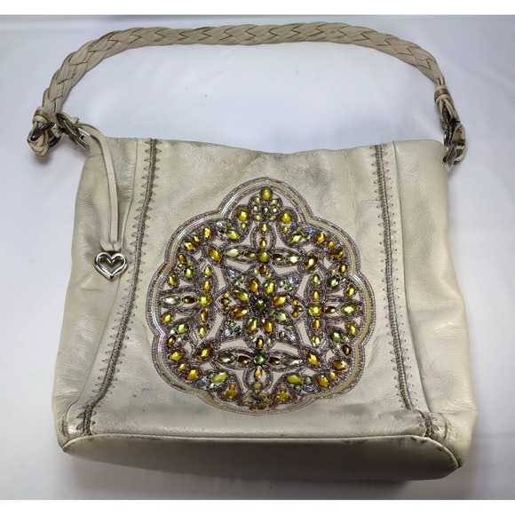 Brighton Handbags - Brighton Pewter Anju Embellished Purse Jewel Masterpiece White Leather Bag Hobo